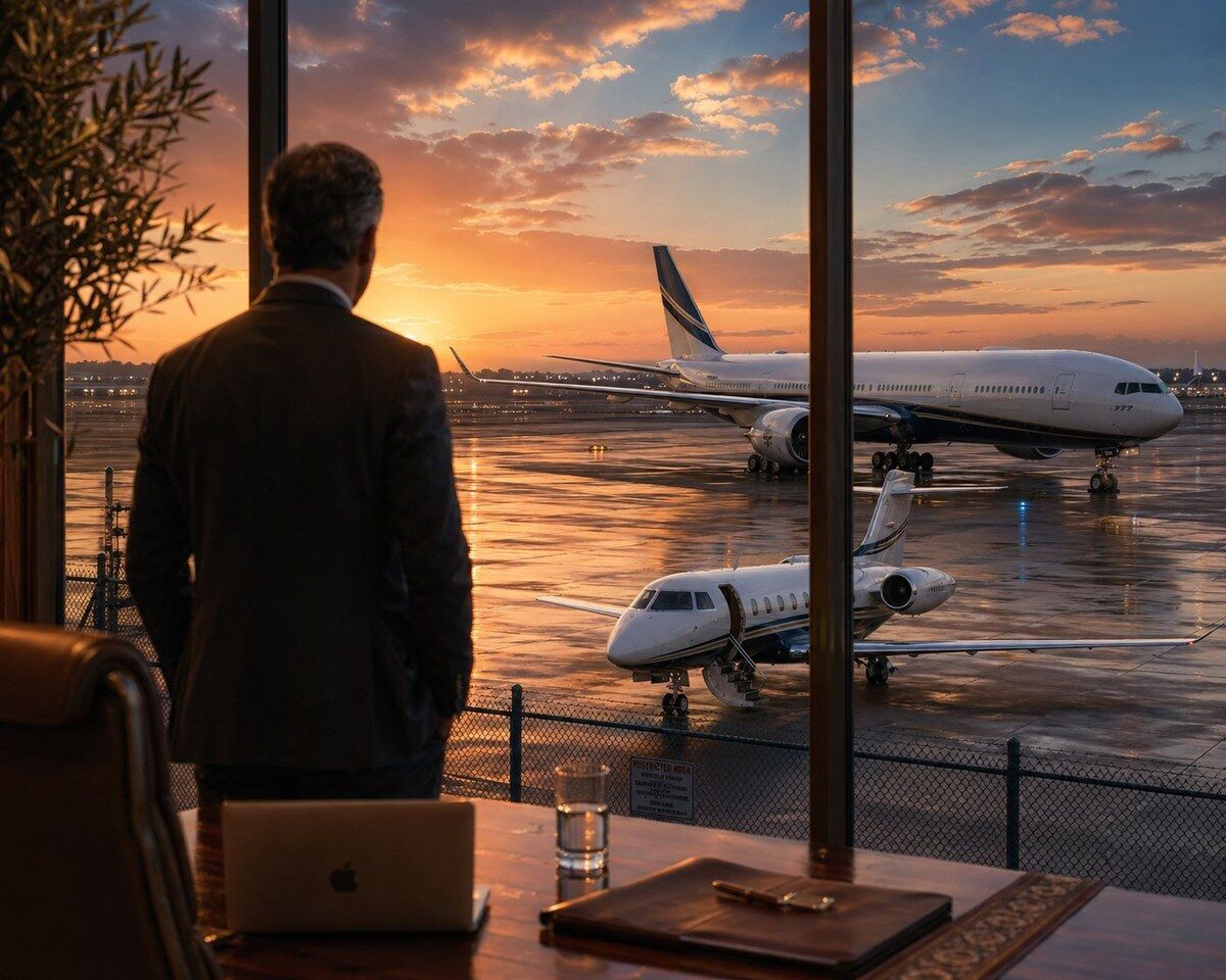 Aviation advisor reviewing the ramp at sunset, with a private jet and Boeing 777 widebody parked outside